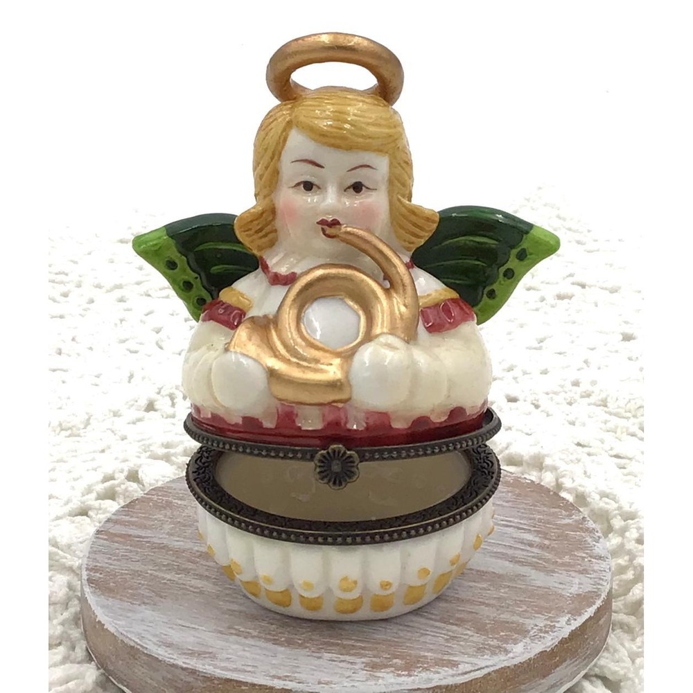 Villeroy & Boch Porcelain Angel Trinket Box Hinged Musical Horn Christmas Decor